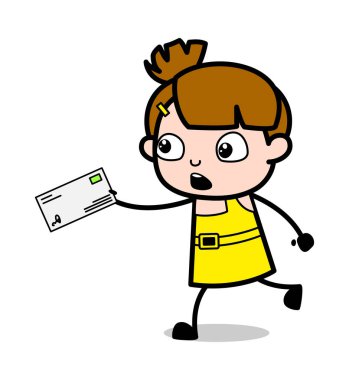 Zarf ile Koşu - Sevimli Kız Karikatür Karakter Vektör Illus