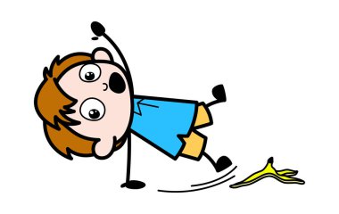 Banana Peel Üzerinde Slipped - School Boy Karikatür Karakter Vektör Ill