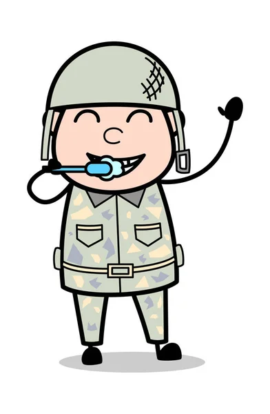 Cepillarse los dientes - Lindo soldado del ejército de dibujos animados Vector Illustrati — Vector de stock