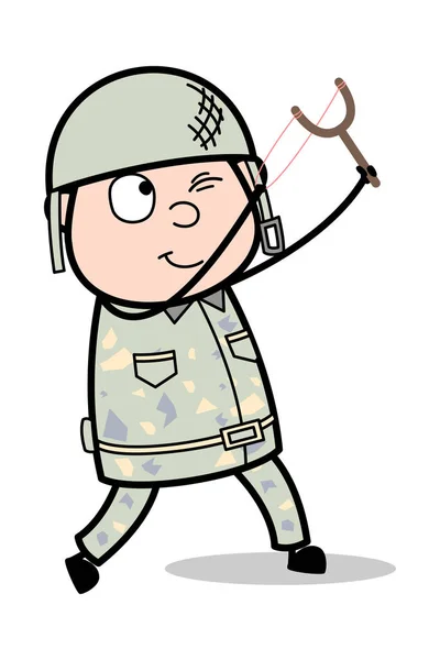 Targeting met Slingshot-cute Army man cartoon soldaat vector — Stockvector