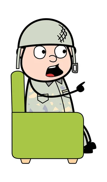 Hand gest medan debattera-söt armé man Cartoon Soldier Vect — Stock vektor