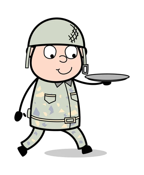 Hålla en tallrik och Walking-söt armé man Cartoon Soldier Vect — Stock vektor