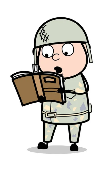 Olvasása könyv-aranyos hadsereg Man Cartoon katona Vector Szemlélati — Stock Vector