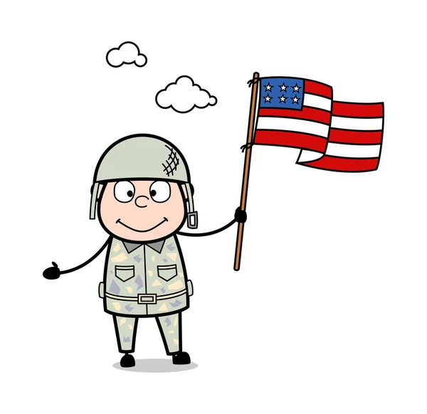 Κρατώντας τη σημαία των ΗΠΑ-χαριτωμένο στρατός άνθρωπος κινούμενα σχέδια στρατιώτης Illustra — Διανυσματικό Αρχείο