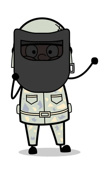 Držení svařovací masky před obličejem-roztomilý armádní muž kreslený — Stockový vektor