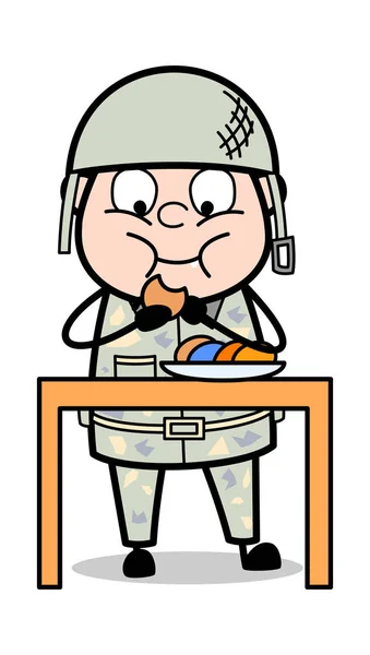 Kahvaltı having - Sevimli Ordu Adam Karikatür Asker Vektör Illustra