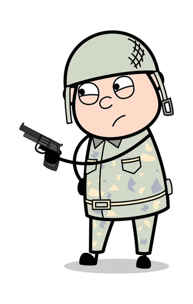 Sosteniendo un arma y dando advertencia - Lindo soldado de dibujos animados del hombre del ejército — Vector de stock