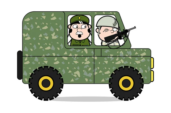 Strzelanie z wnętrza samochodu-cute Army Man Cartoon Soldier VEC — Wektor stockowy