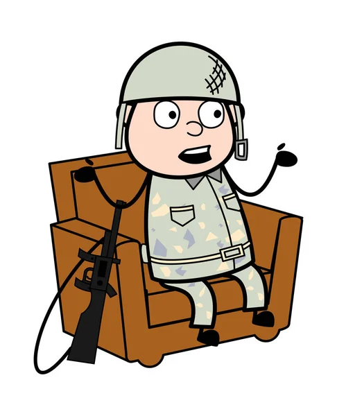 Vergadering discussie-cute Army man cartoon soldaat vector illust — Stockvector
