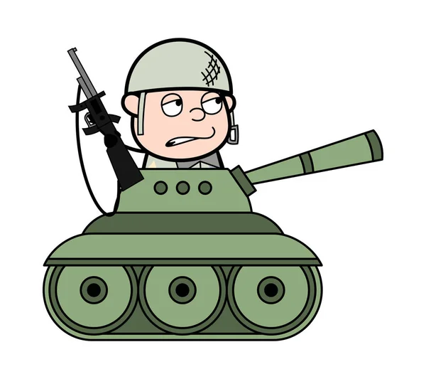 लढाई टँक आणि शूटिंगमध्ये बसलेला सुंदर आर्मी मॅन कार्टून विक्री — स्टॉक व्हेक्टर