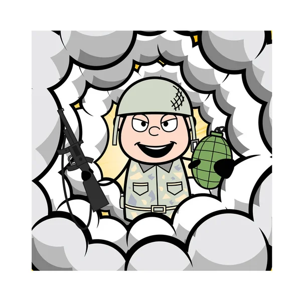 Midden van rook frame-cute Army man cartoon soldaat vector ziek — Stockvector