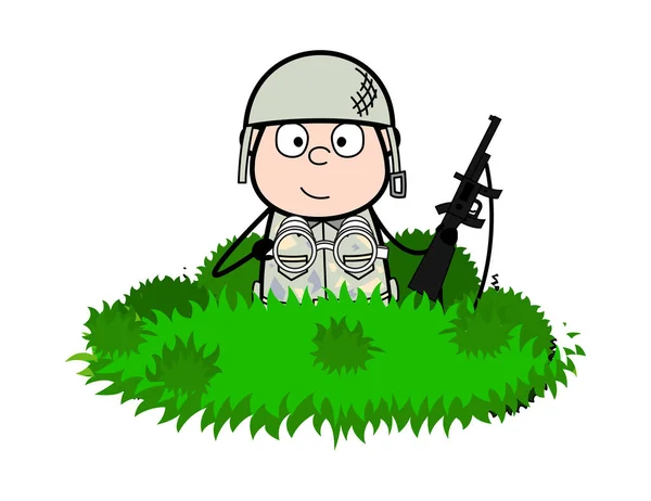 Verborgen in struiken-cute Army man cartoon soldaat vector Illustra — Stockvector