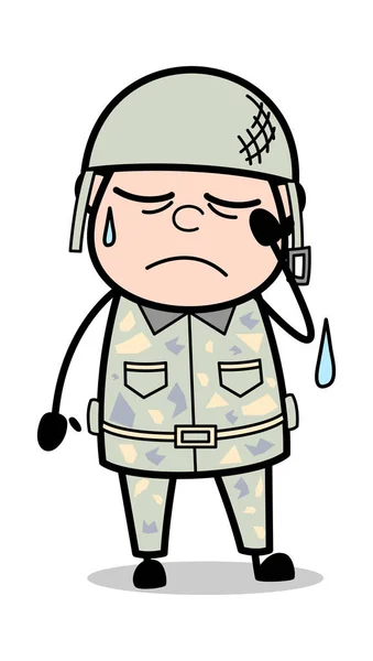 非常に悲しい感じ - かわいい軍人漫画兵士ベクトルイラストレーター — ストックベクタ