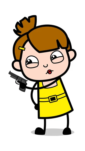 Wijzend met Gun-cute girl cartoon karakter vector illustrat — Stockvector