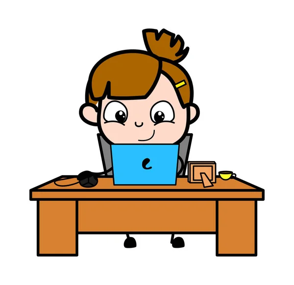 하기 사무실 작업 에 노트북- 귀여운 소녀 만화 캐릭터 벡터 — 스톡 벡터