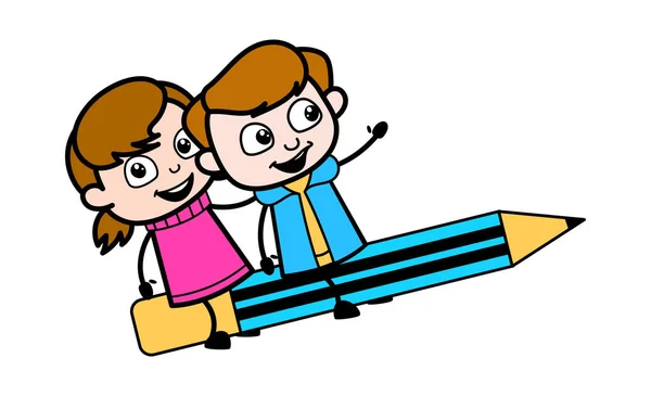 孩子在铅笔上飞行 - 可爱的女孩卡通人物矢量伊鲁斯 — 图库矢量图片