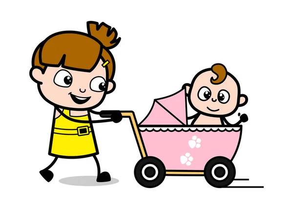 Caminhando com o bebê no carrinho bonito menina desenho animado personagem Vect — Vetor de Stock