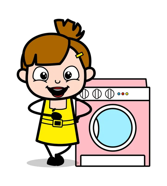 Little Girl Presenting Washing Machine - Cute Girl Cartoon Chara - Stok Vektor