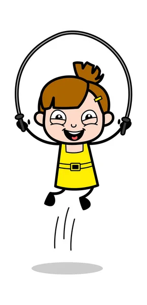 Jugar con saltar la cuerda - Linda chica de dibujos animados personaje Vector — Vector de stock