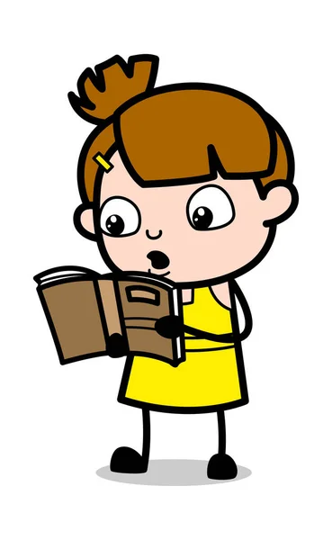 Lezen van boek-cute girl cartoon karakter vector illustratie — Stockvector