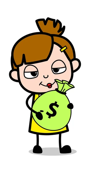 Het houden van een zak geld-cute girl cartoon karakter vector ziek — Stockvector