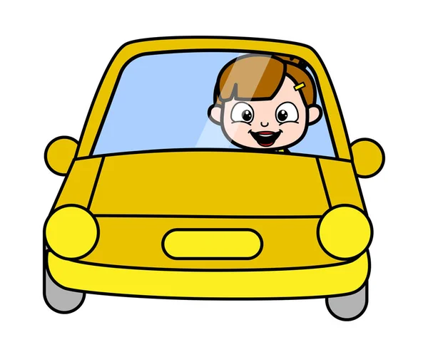 Joven coche de conducción - Linda chica de dibujos animados personaje Vector Illus — Vector de stock