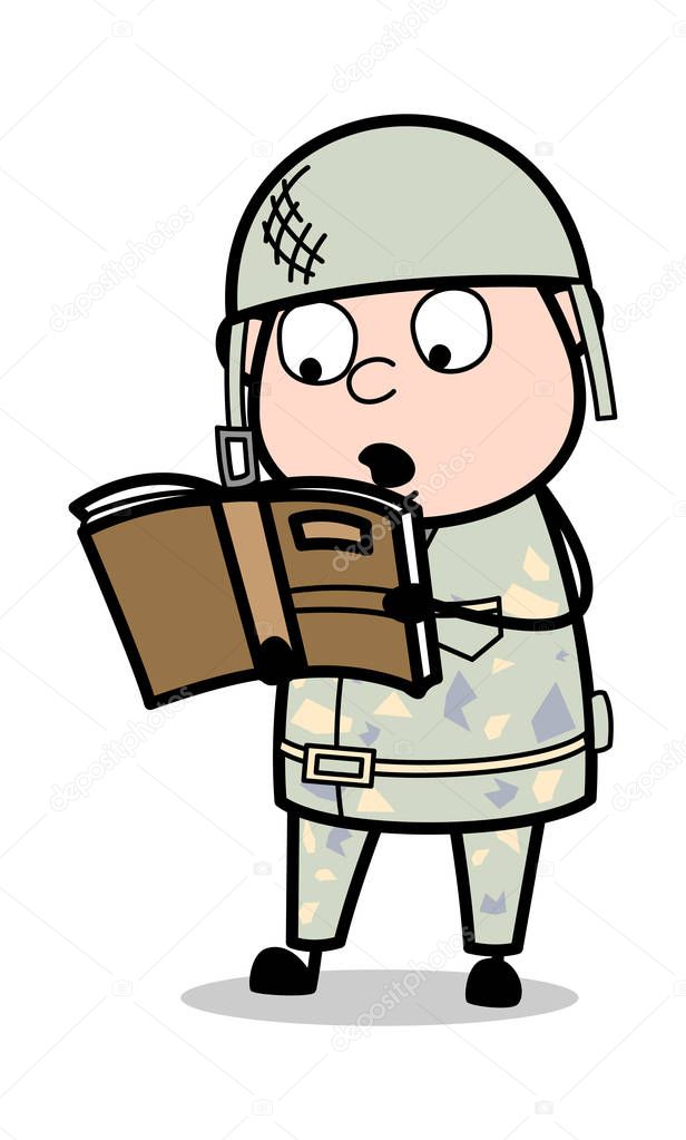 Reading a Book - Cute Army Man Cartoon Soldier Vector Illustrati
