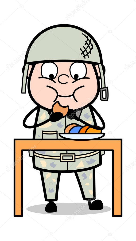 Having Breakfast - Cute Army Man Cartoon Soldier Vector Illustra
