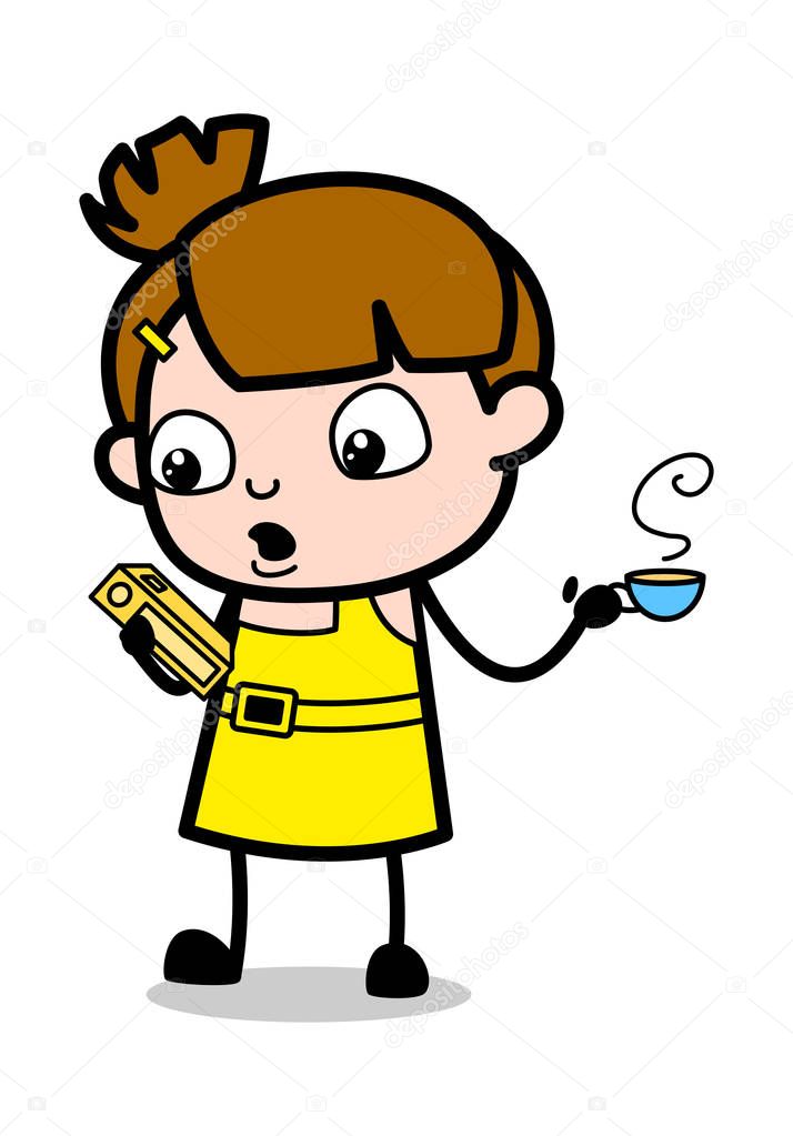 Reading a Notebook and Holding a Cup of Tea - Cute Girl Cartoon 