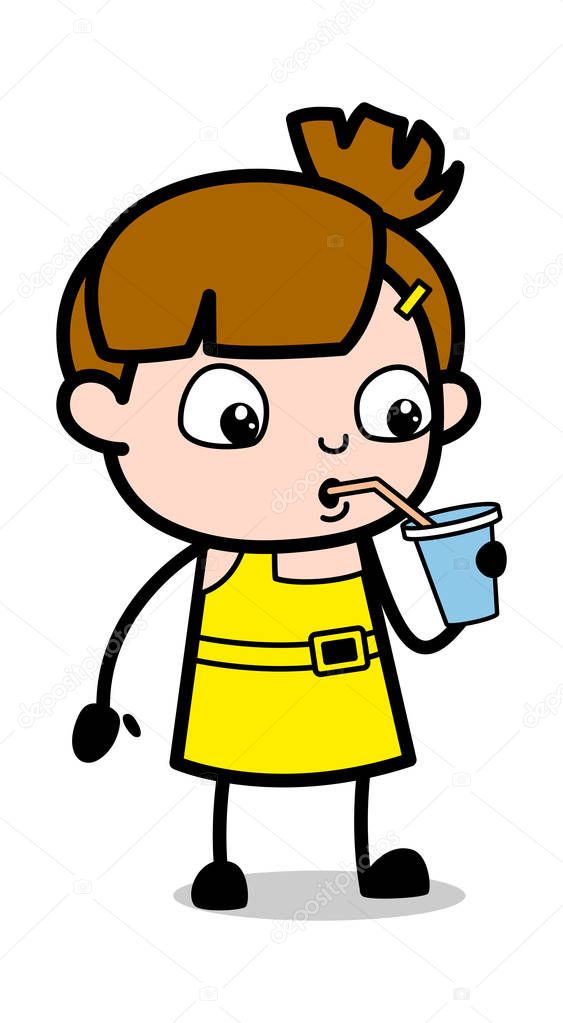 Drinking Energy Juice - Cute Girl Cartoon Character Vector Illus