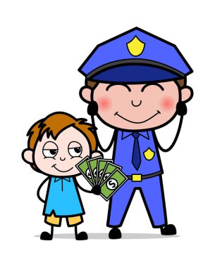 Bir Polis Rüşvet Sunan Bir Çocuk - School Boy Karikatür Charact