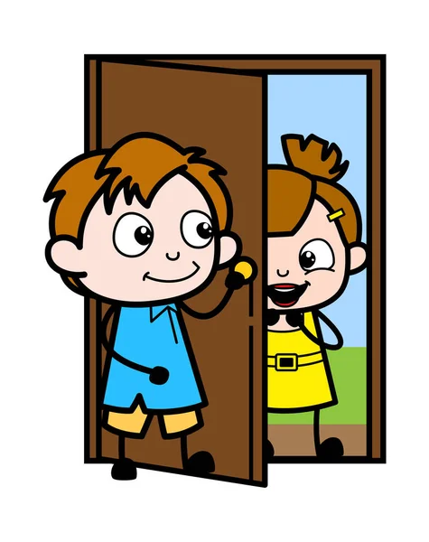 Junge begrüßt ein Mädchen - Schuljunge Zeichentrickfigur Vektor illus — Stockvektor