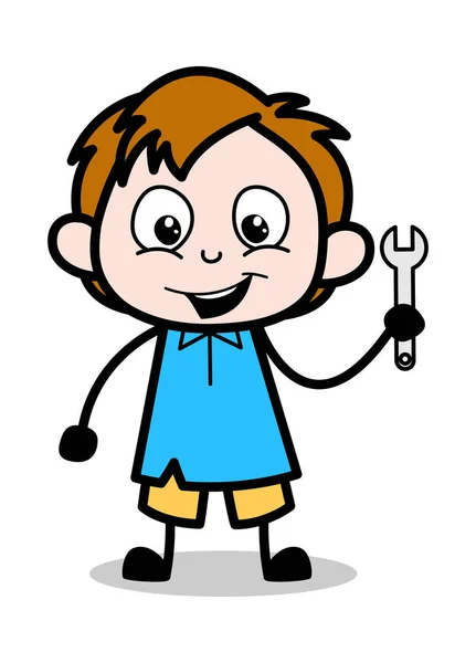 Mostrando herramienta llave inglesa - School Boy personaje de dibujos animados Vector Illust — Vector de stock