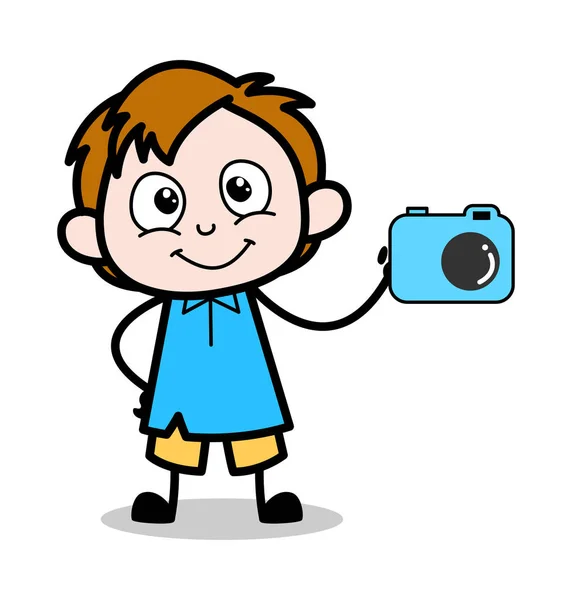 カメラを提示する - スクールボーイズ漫画キャラクターベクトルイルスト — ストックベクタ