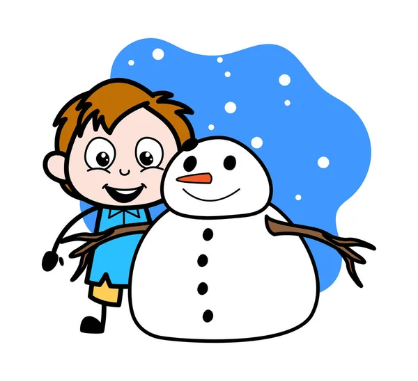 Niño de pie con muñeco de nieve - School Boy Vector de personajes de dibujos animados — Vector de stock