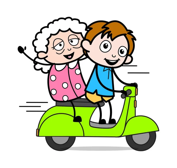 古い女性とスクーターに乗る - スクールボーイズ漫画キャラクターVe — ストックベクタ