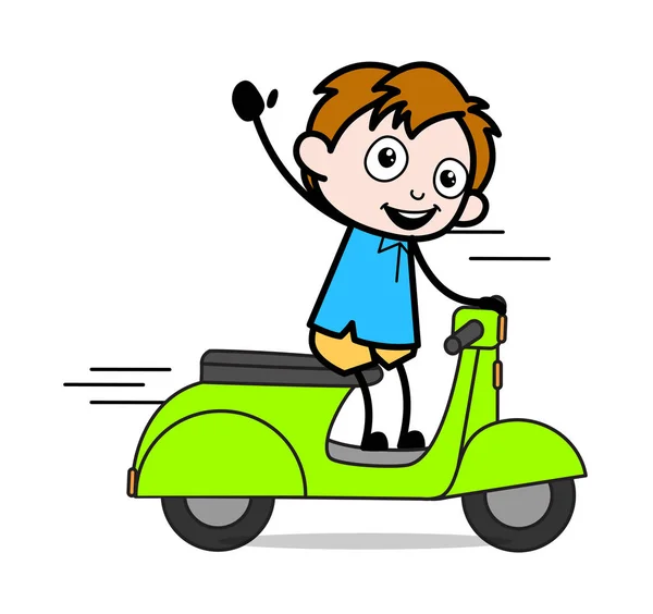 Scooter a caballo y gestos con la mano - School Boy Cartoon Char — Vector de stock