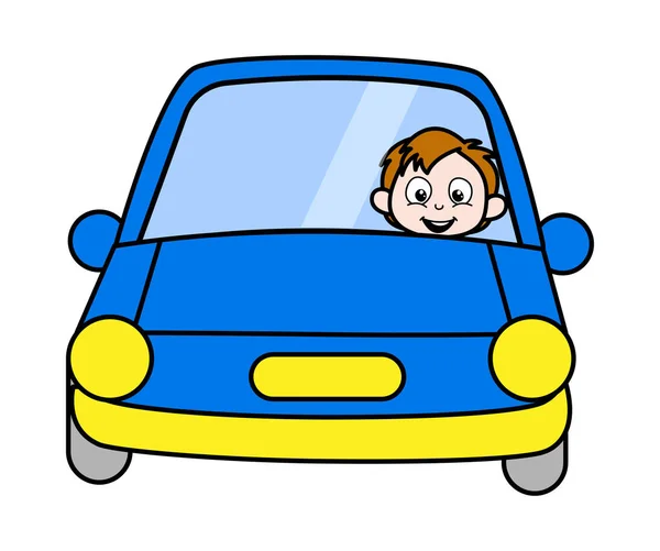 Молодий Хлопчик Водіння автомобілем - Шкільний Хлопчик Мультфільм Персонаж Вектор Ілю — стоковий вектор