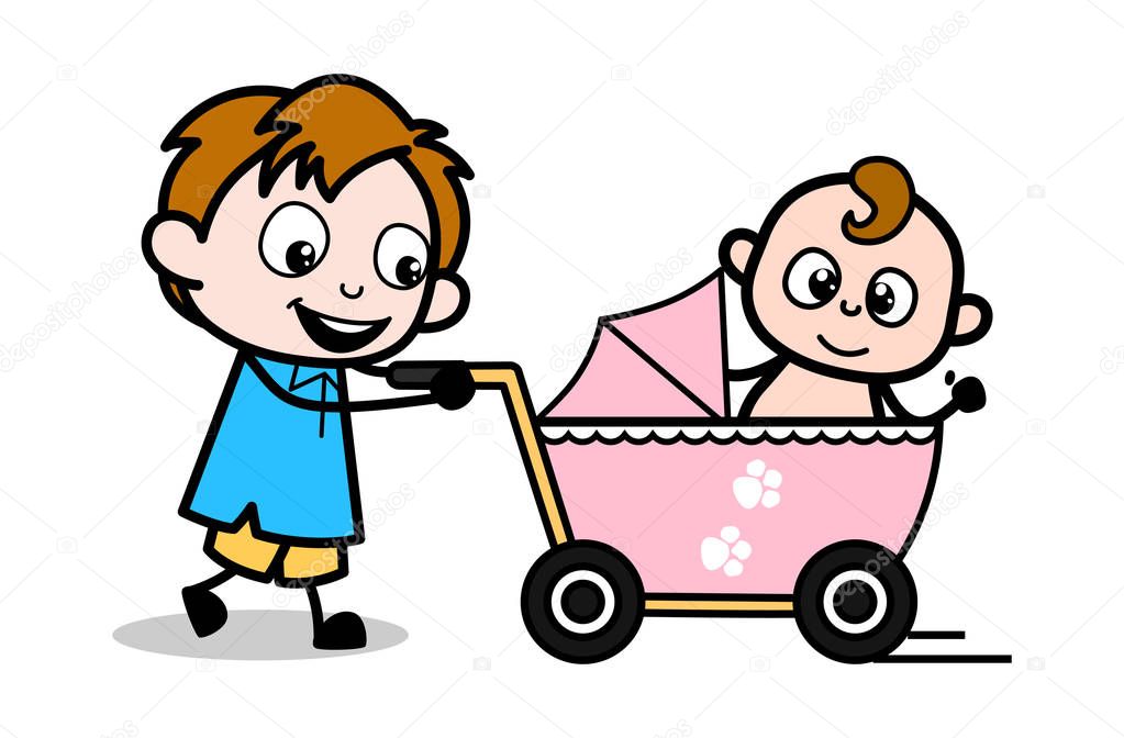 Strolling Baby with Baby Stroller - School Boy Cartoon Character