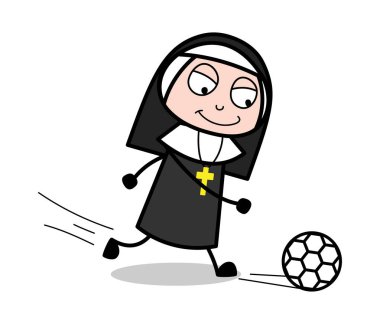 Futbol Maçı Oynamak - Cartoon Nun Lady Vector İllüstrasyon