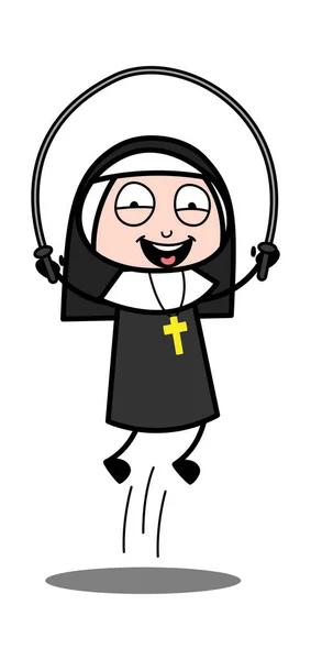 Atlama İpi Oynamak - Cartoon Nun Lady Vector İllüstrasyon — Stok Vektör