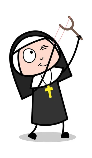 Alvo com Sling Shot - Desenhos animados Nun Lady Vector Ilustração — Vetor de Stock