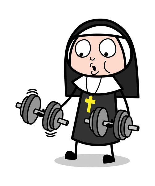 Hacer ejercicio en el gimnasio - Dibujos animados Nun Lady Vector Illustration — Vector de stock