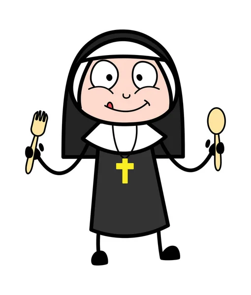 Mostrando colheres - Desenhos animados Nun Lady Vector Ilustração — Vetor de Stock