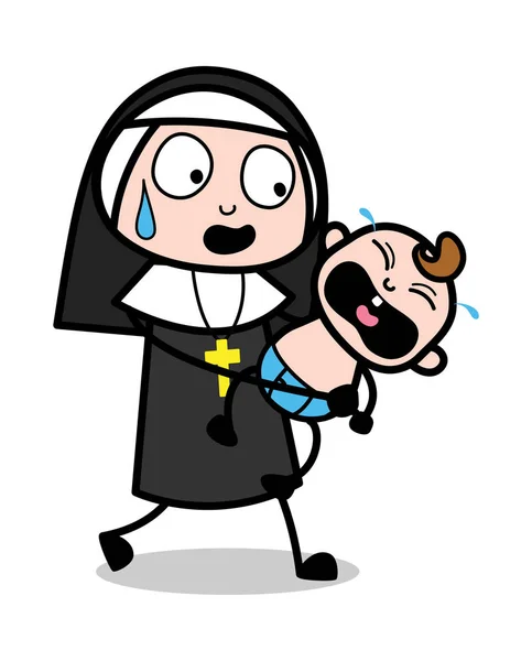 Running with Crying Baby - Cartoon Nun Lady Vector Illustration — Stock Vector