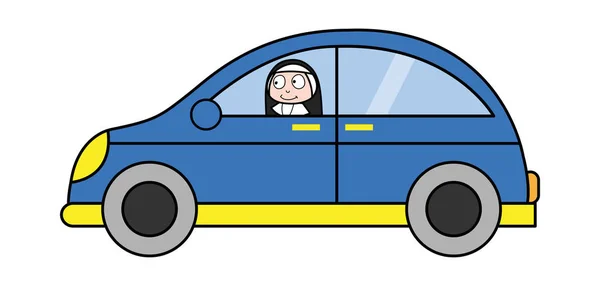 Driving a Car - Cartoon Nun Lady Vector Illustration - Stok Vektor