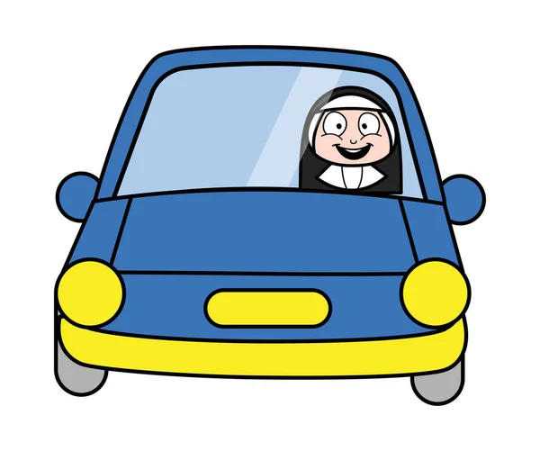 Feliz conducción - Dibujos animados Nun Lady Vector Ilustración — Vector de stock