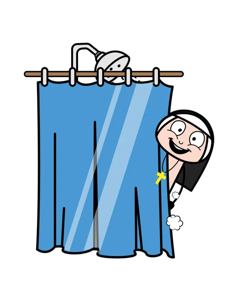 Smiling and Watching Outside frm Bathroom - Cartoon Nun Lady Vec — Stock Vector