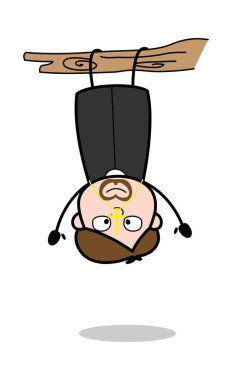 Bir Şube Üzerinde Baş Aşağı Asılı - Karikatür Priest Monk Vector Ill