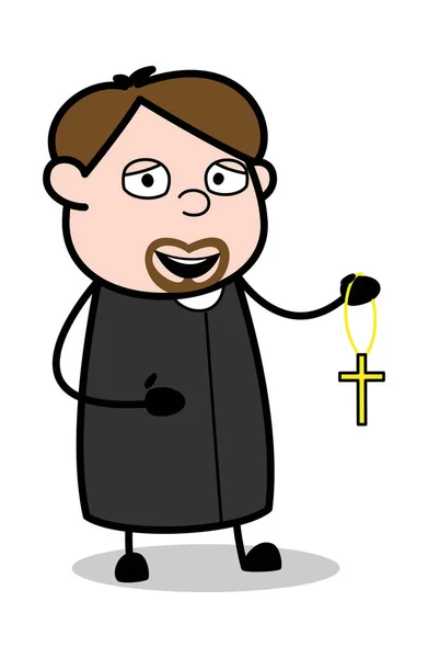 Showing a Holy Cross Pendant - Cartoon Priest Monk Vector Illust — Stock Vector